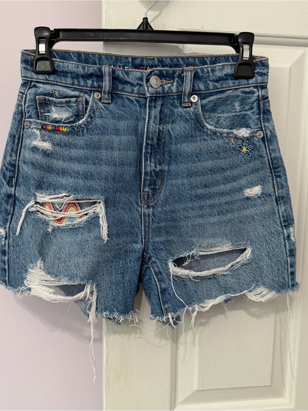 American Eagle Outfitters Distressed Blue Denim Shorts with Rainbow Detail